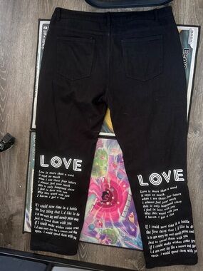 Hio Hop Style Black Jeans with White 'LOVE' Graphic